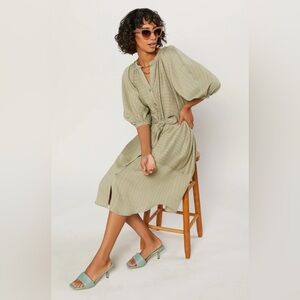 Current Air Striped Button Up Dress Green Khaki Stripe 3/4 Sleeve Button Front S